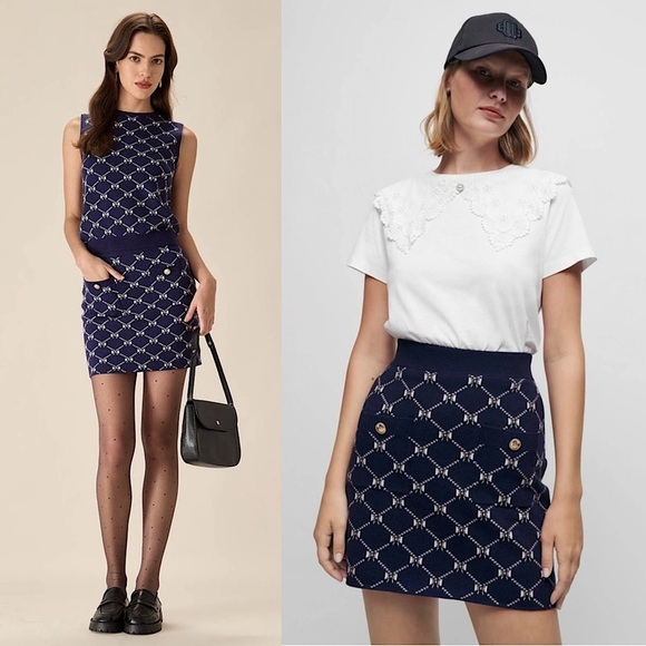 MAJE Navy Bow Design Jacquard Knit Gold Logo Button Patch Pocket Mini Skirt 6 - Picture 1 of 14